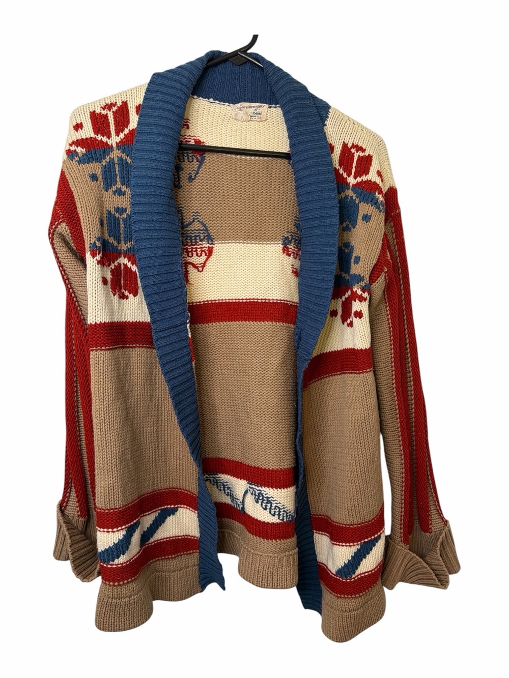 Vtg Sears Contemporary Corner Open-Front Shawl Cardigan Sweater Tan Red